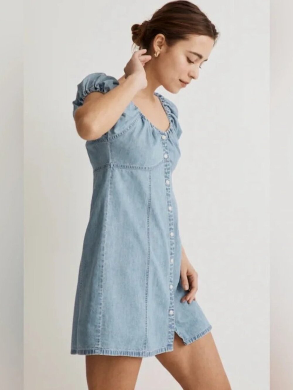 Madewell Women size 6 Denim Margie Mini Dress Light Wash Puff Sleeves